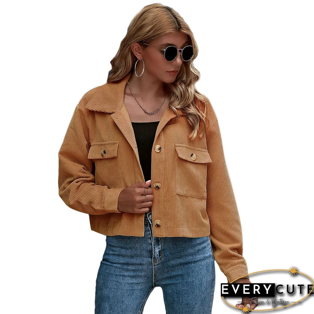 Khaki Corduroy Pocket Button Short Jacket