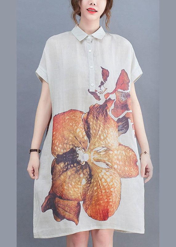 Natural White PeterPan Collar Button Print Summer Short Sleeve Dress CK2701- Fabulory