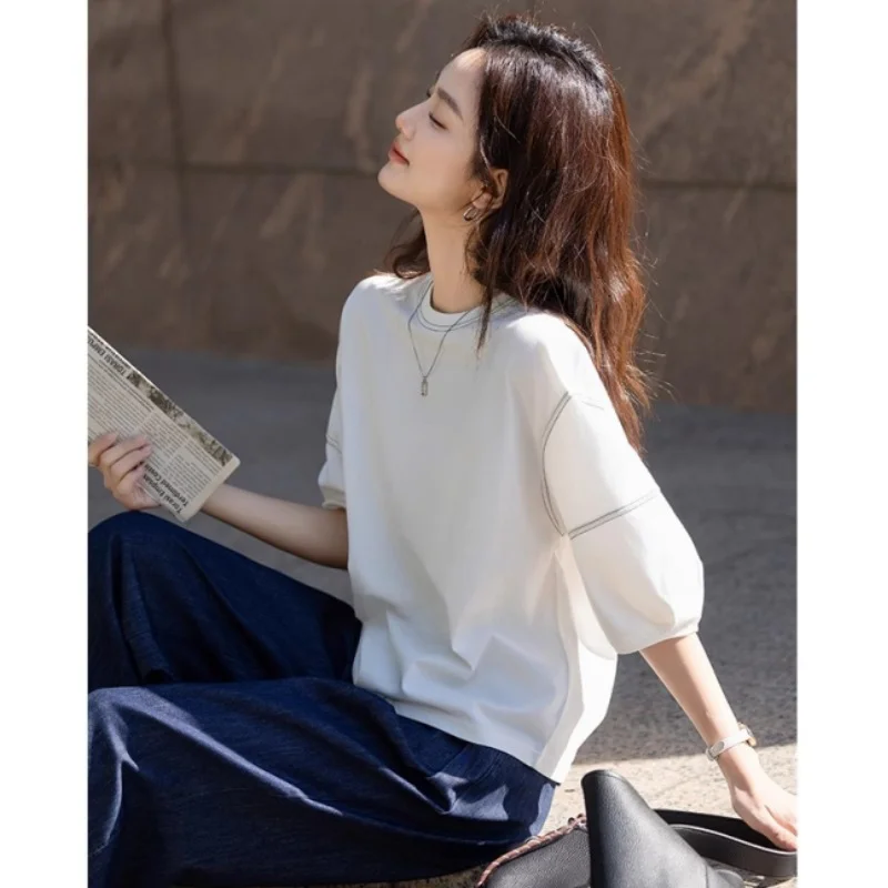 Athvotar Athvotar Seven-Sleeved T-Shirt Women 2025 Summer New Round-Necked Color Line Decorate Casual Lantern Sleeve Top