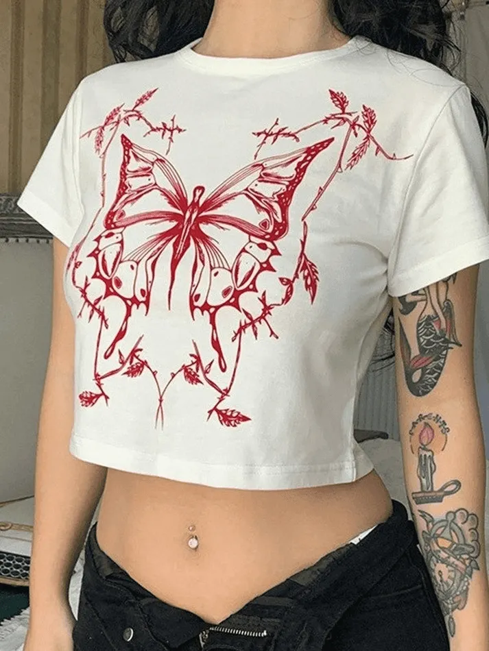 Brownm Butterfly Print White Crop Top