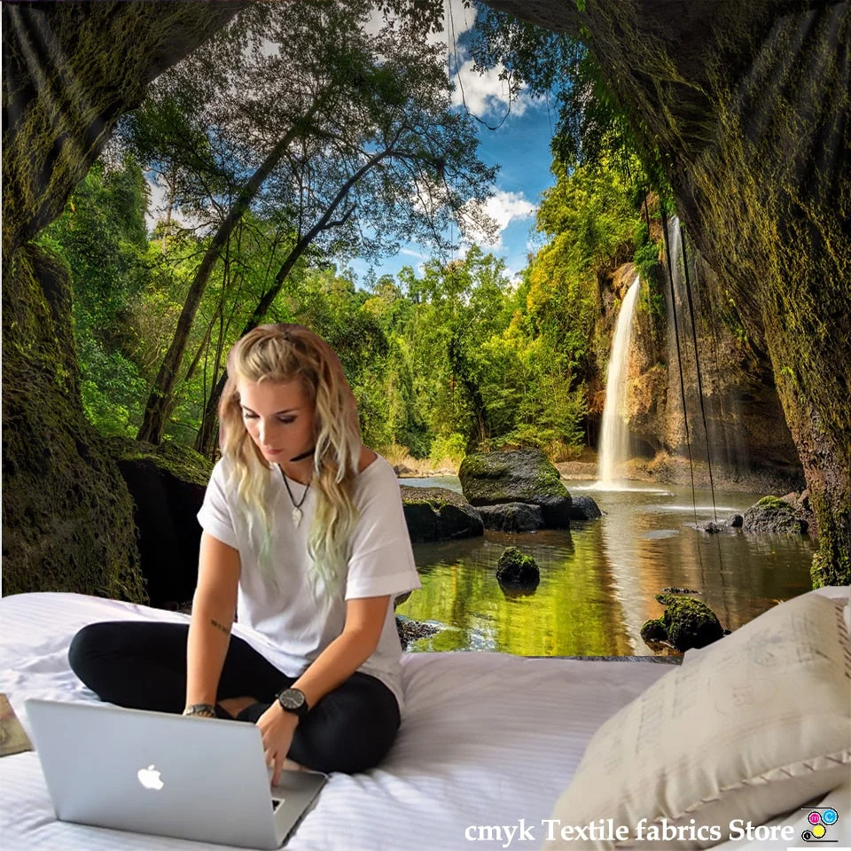 Forest Stream Tapestry Wall Hanging Sandy Beach Picnic Rug Camping Tent Sleeping Pad Home Decor Bedspread Sheet Wall Cloth