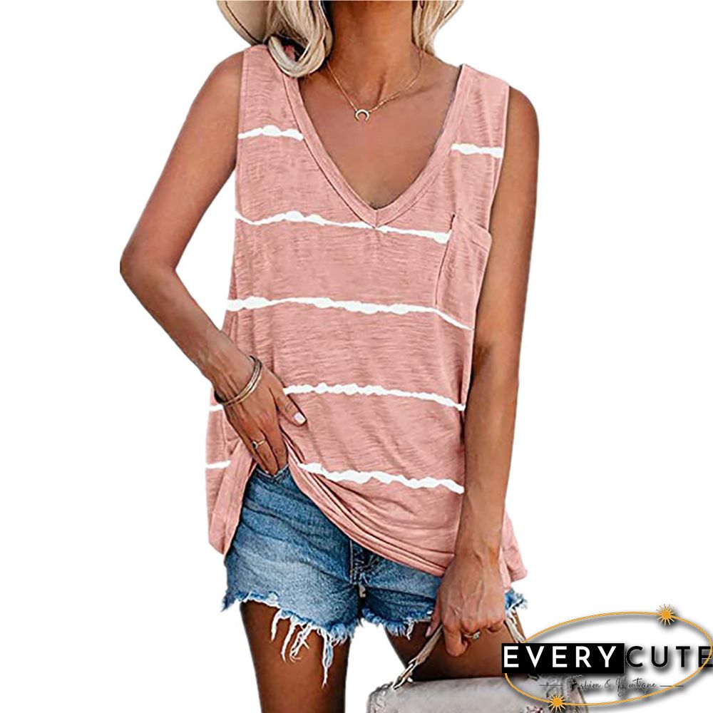 Pink Stripes V Neck Loose Pocketed Tank