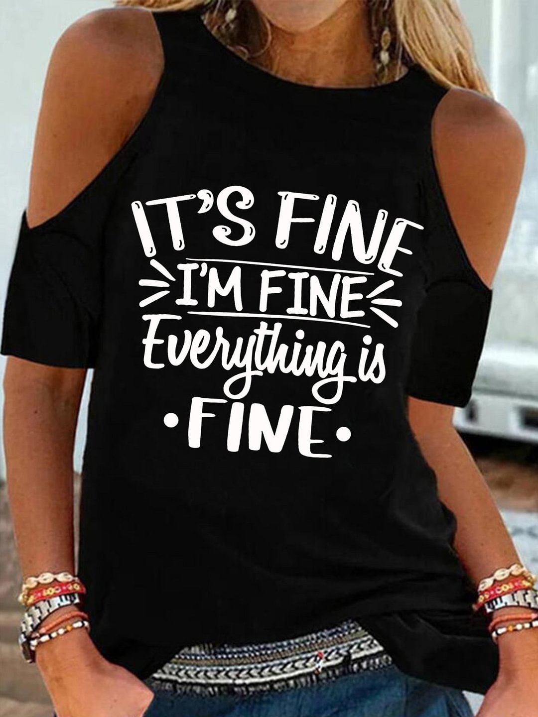 Women's It's Fine I'm Fine Everything Is Fine Off-Shoulder T-Shirt