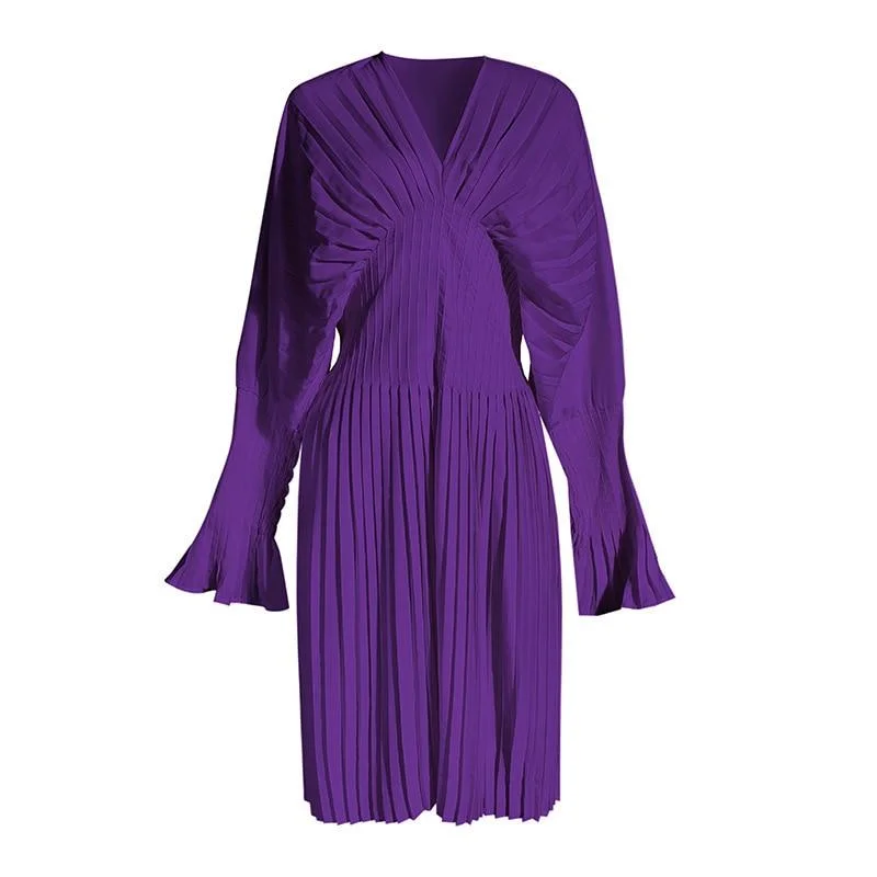 ABEBEY Elegant Pleated Summer Dress Women V Neck Flare Long Sleeve High Waist Midi Dresses Female Fashion Clothes 2023 New