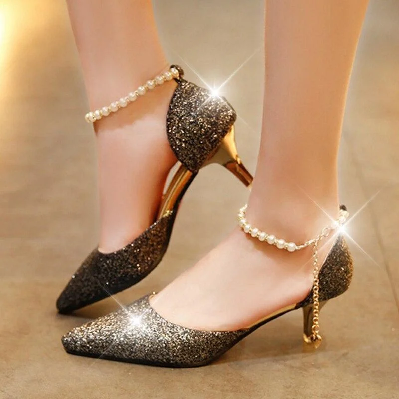 Sexy Pointed Toe Pearl High Heels Shoes Female Fashion Hollow with Sandals Paillette of The Thin Breathable Shoes Women Pumps 1021-2