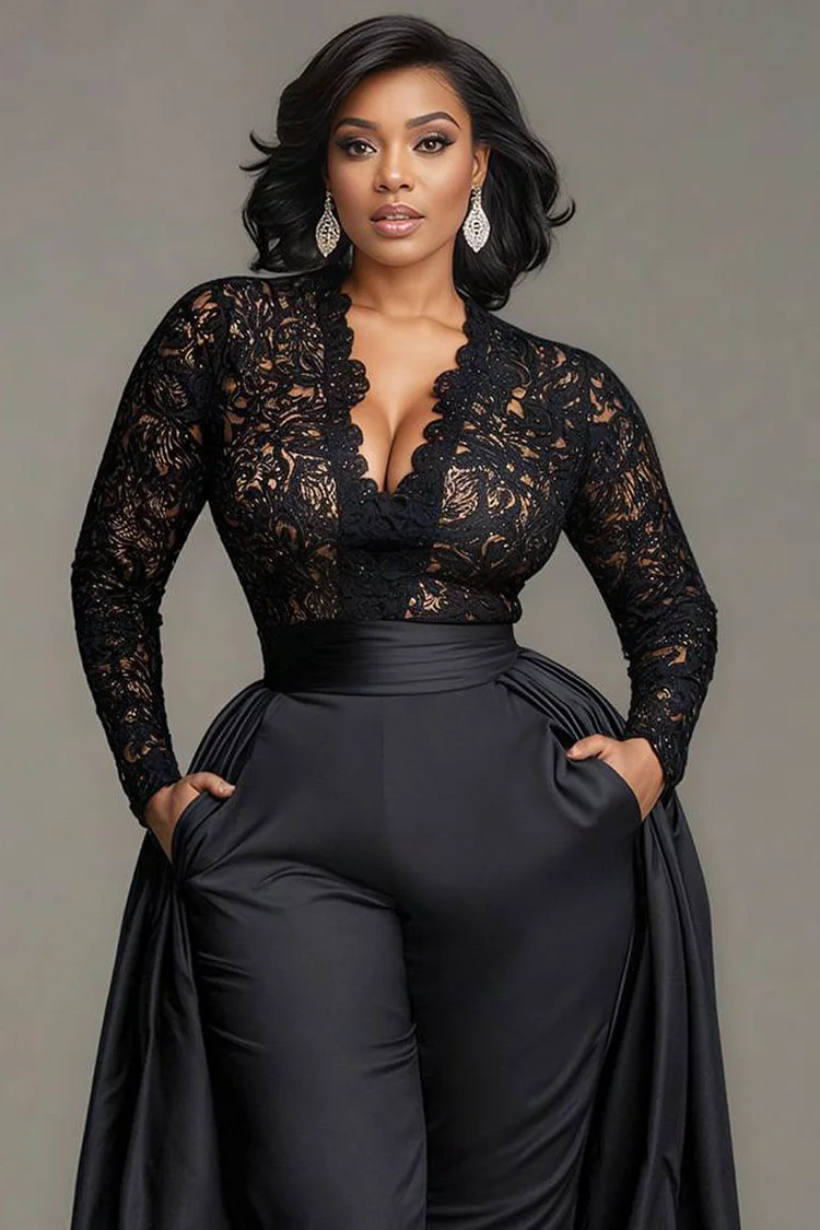 Xpluswear Design Plus Size Formal Satin Black V Neck Long Sleeve With Skirt Overlay Elegant Pocket Lace Jumpsuits [Pre-Order]