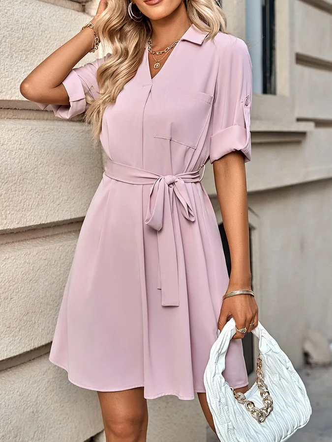 Solid Color Lapel Elbow Sleevee Belt Dress