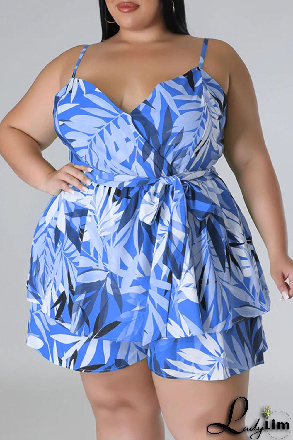 Blue Casual Print Patchwork Spaghetti Strap Plus Size Two Pieces