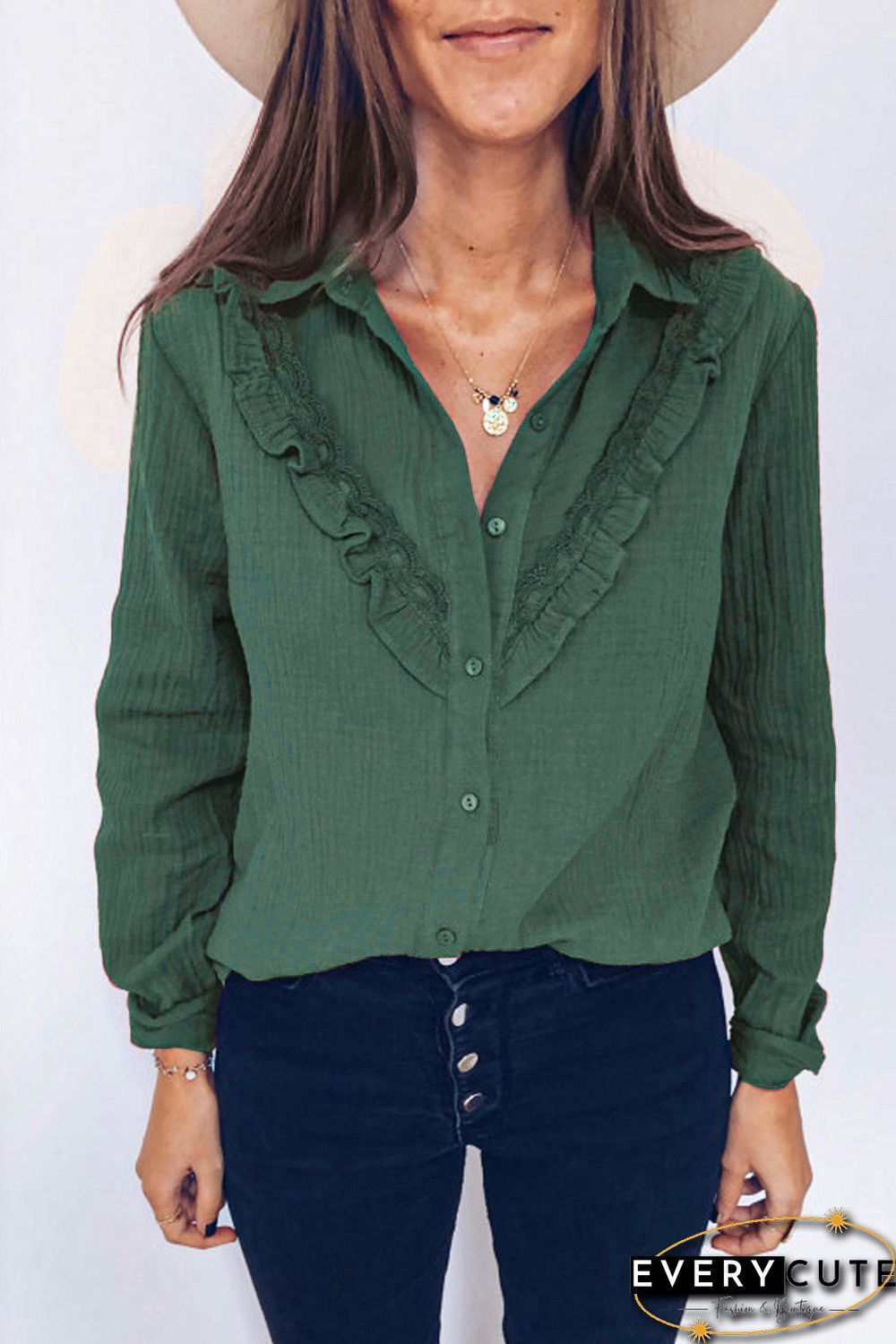 Green Ruffles Crinkled Long Sleeve Shirt