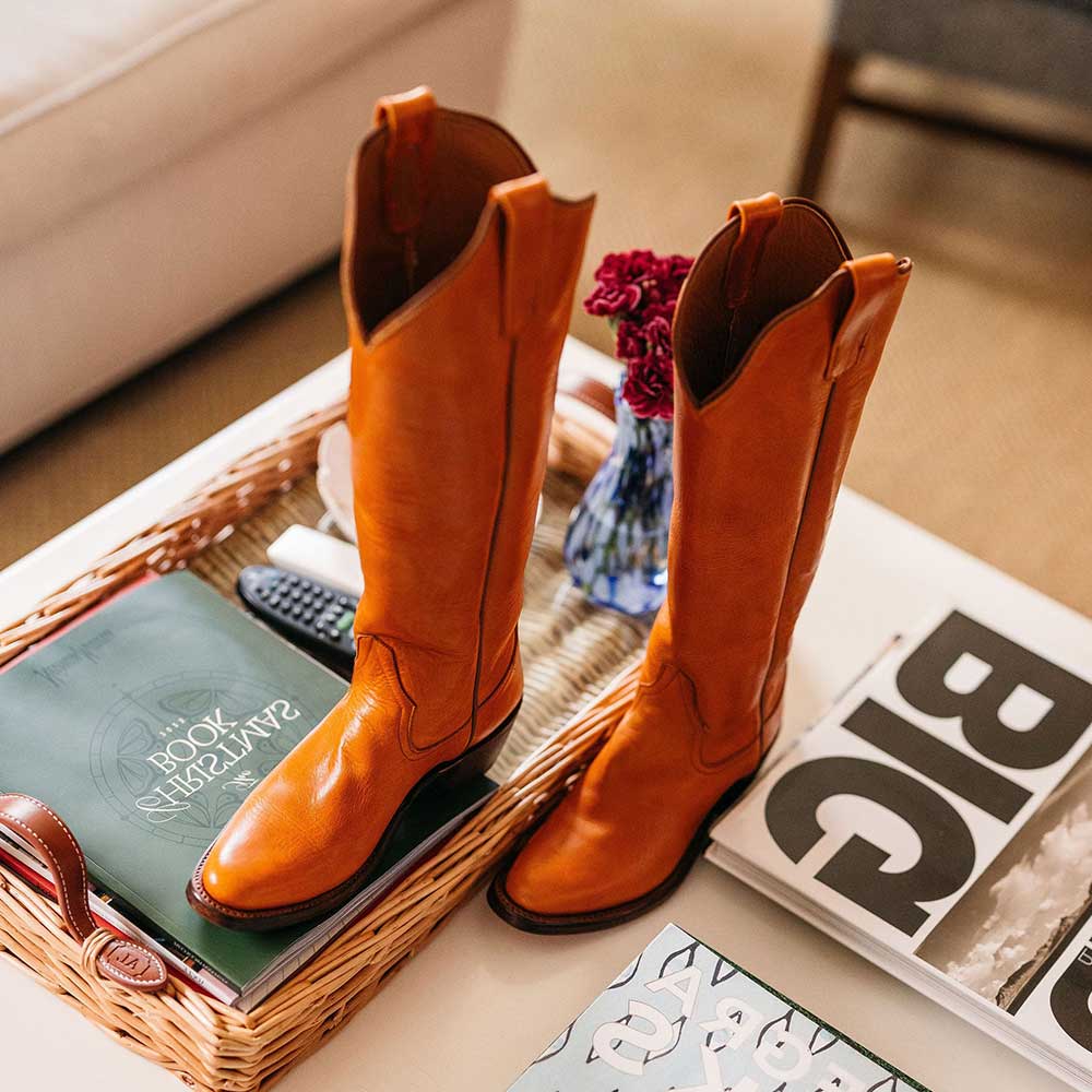 Orange Closed Toe Chunky Heel Wide Calf Knee High Cowgirl Boots