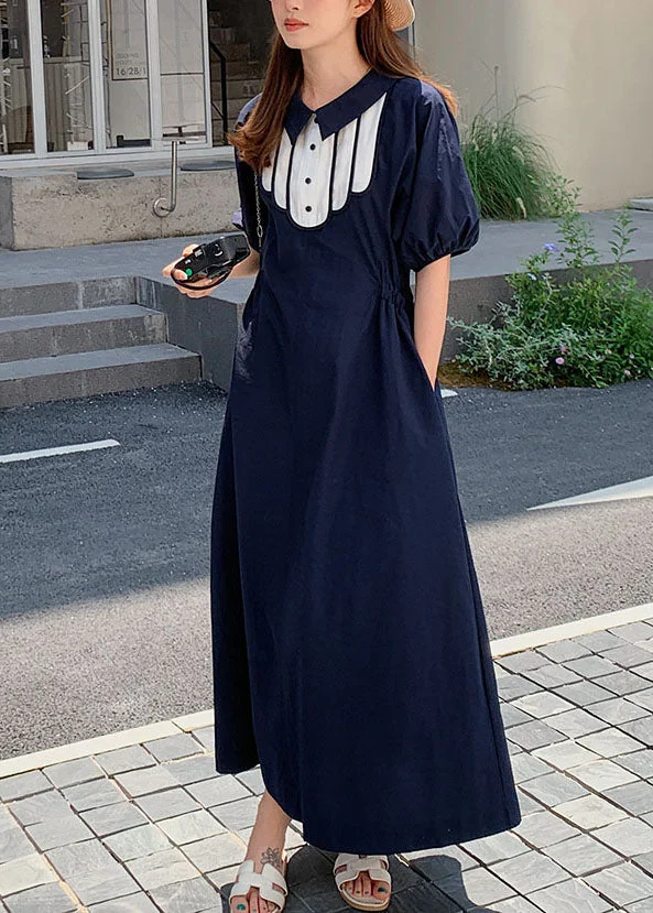 Simple Dark Blue Print Cinched Button Long Dresses Summer
