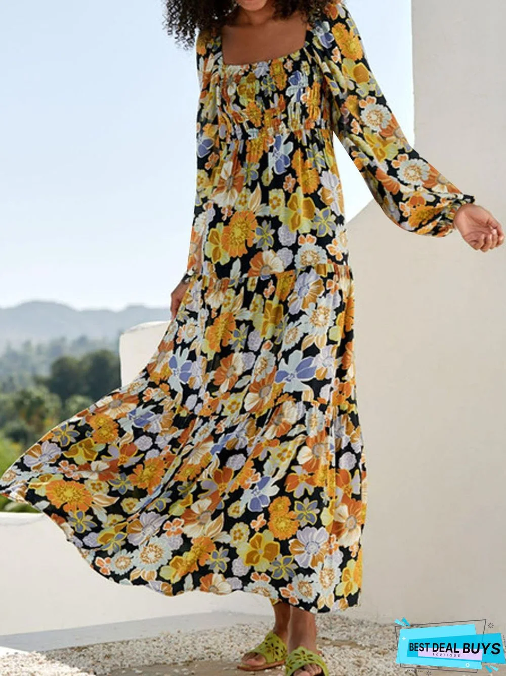 Floral Printed Square Neck Vacation Dress