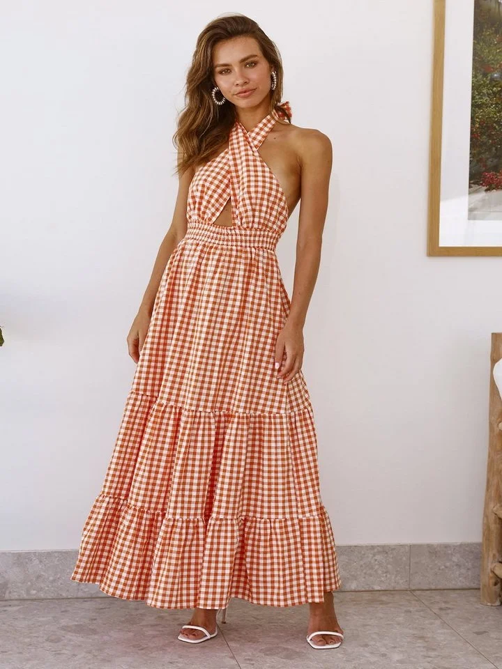 Hanging Neck Plaid Print Big Swing Dress