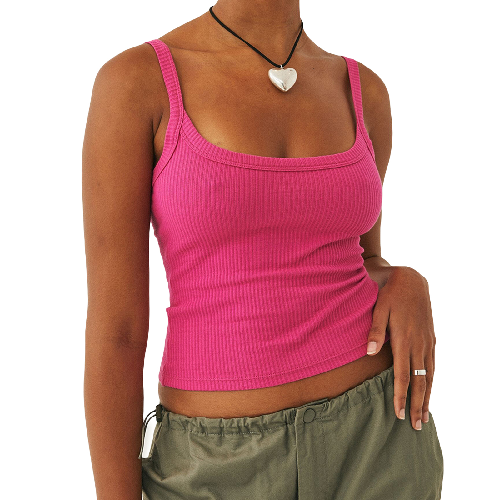 Querysynth Women´s Solid Color Tank Tops Basic Vest Ribbed Sleeveless U Neck Slim Fit Cropped Tops