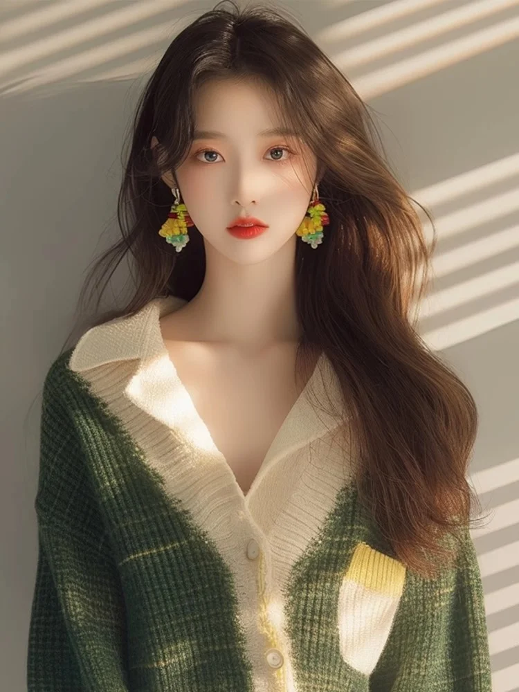 Athvotar Athvotar Year's Popular Beautiful Little Shirt Small Man Fashionable Loose Thin Green V Collar Knit Long Sleeve Open Shirt Woman