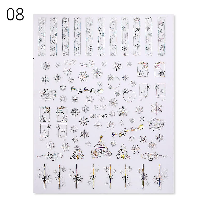 Gold Bronzing 3D Christmas Nail Art Decoration Sticker Sparkly White Colorful Glitter Geometry Snowflake Winter Slider Foil