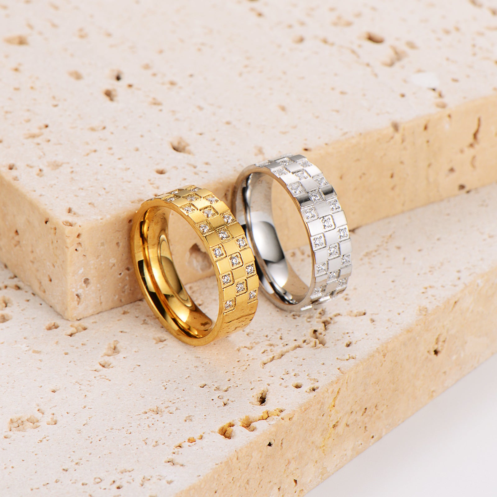 Aml Stainless Steel Sugar Cube Chessboard Diamond Ring Ring Ins Neutral Style Accessories