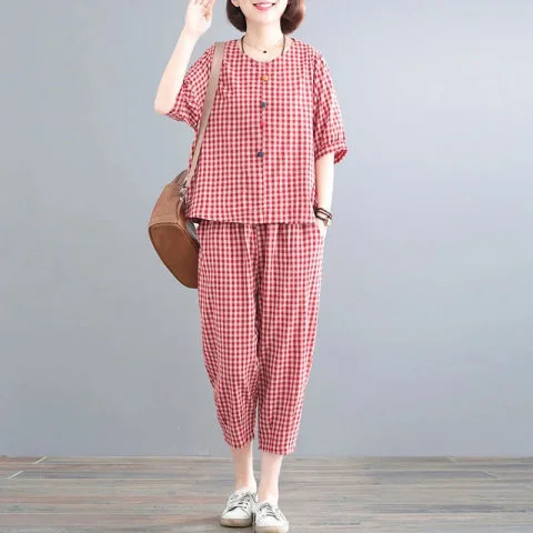 Uveng Uveng Cotton Loose Large Size Women's Foreign Style Retro Two Sets Of Temperament Female Casual Grid Suit Female 2023 Summer Tide