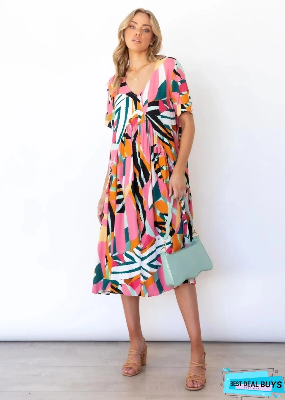 Loose V Neck Printed Short Sleeve Dress