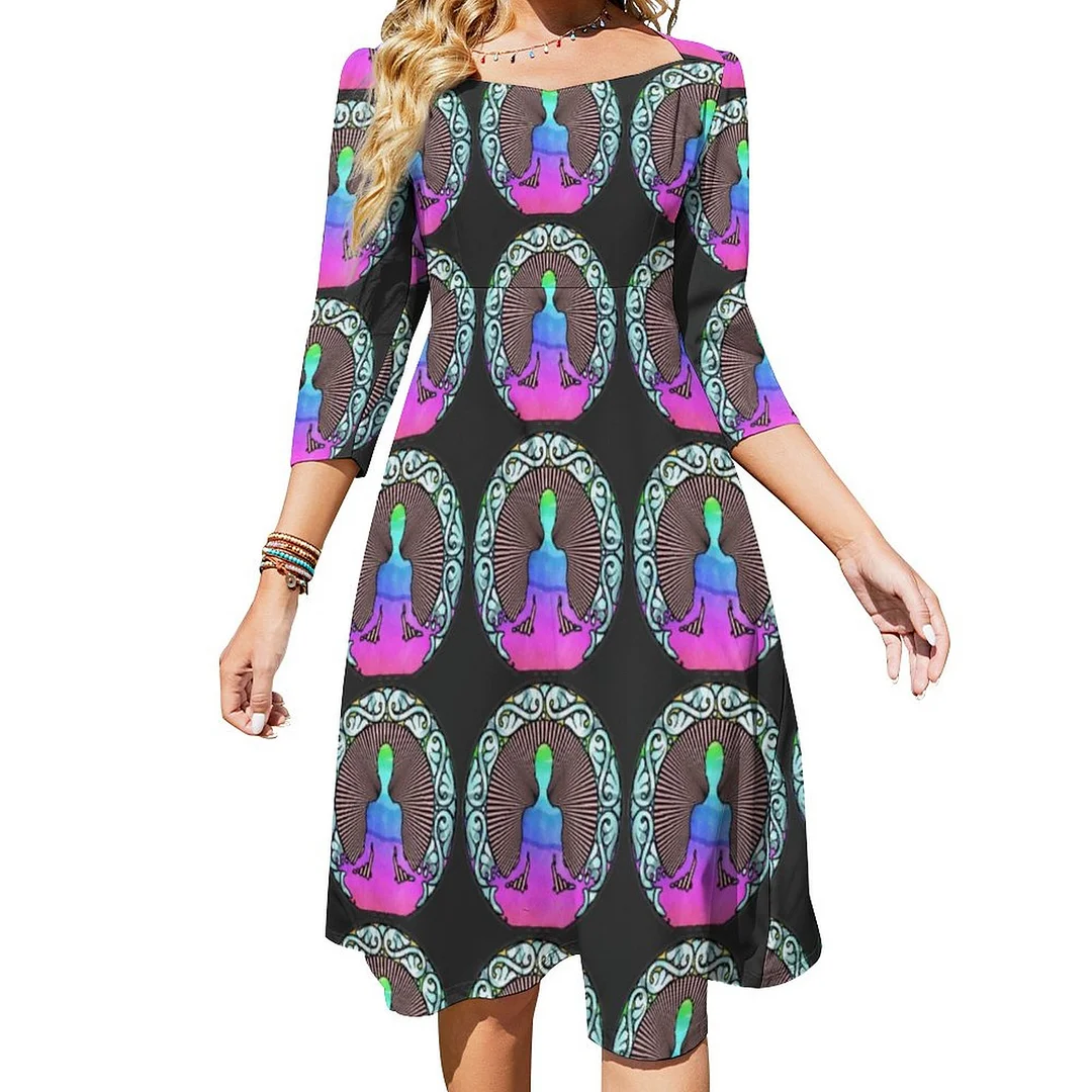 Meditation Yoga Circle Aura Radiations Logo Dress Sweetheart Tie Back Flared 3/4 Sleeve Midi Dresses