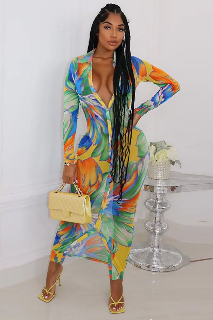 Printed Button Down Long Sleeve Bodycon Maxi Dresses