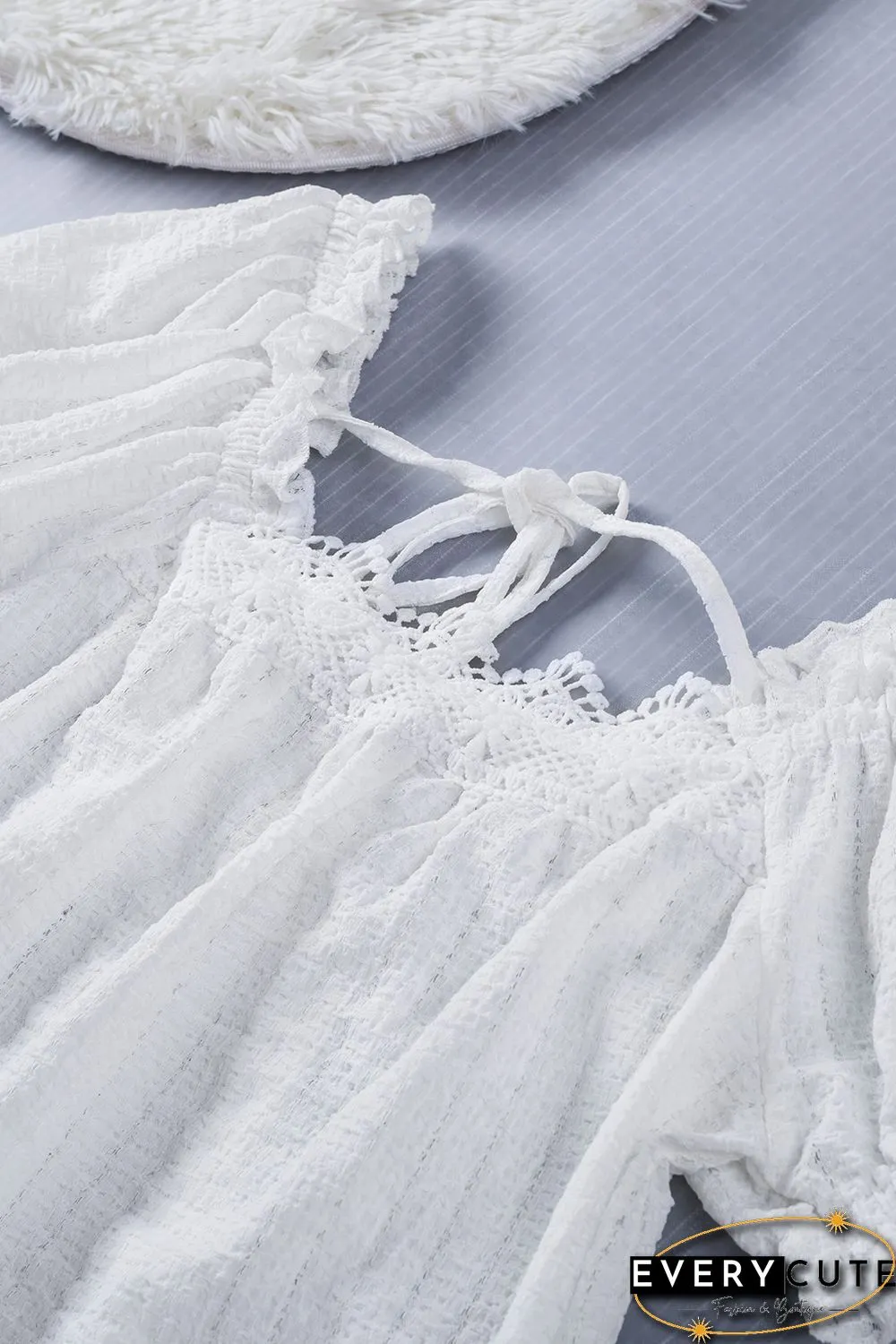 White Lace Crochet Lace-up Open Back Puff Sleeve Top
