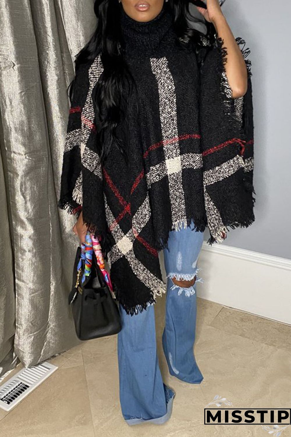 Black Casual Patchwork Tassel Turtleneck Tops