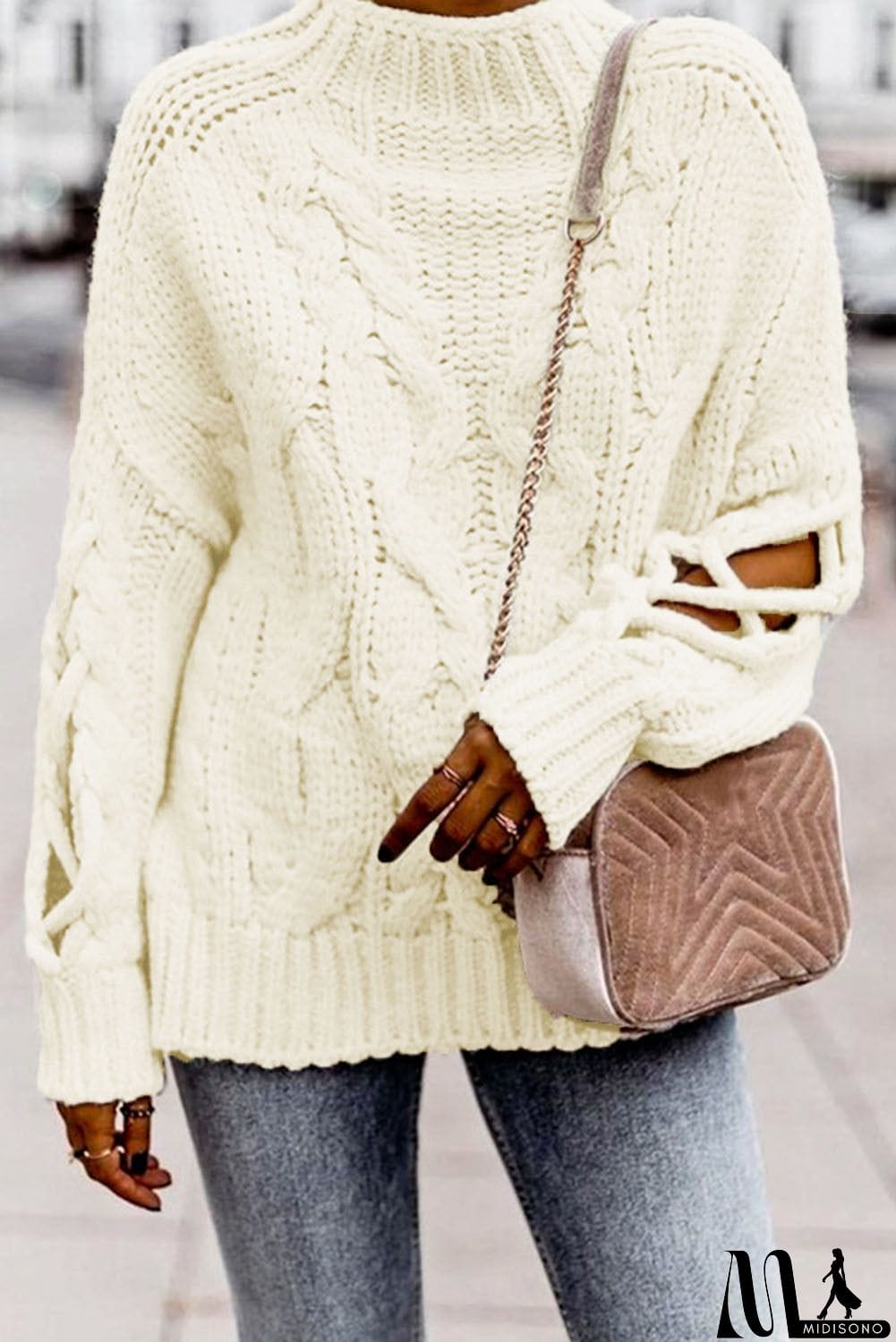MidiSono - High Neck Cable Knit Hollow-out Sleeves Sweater