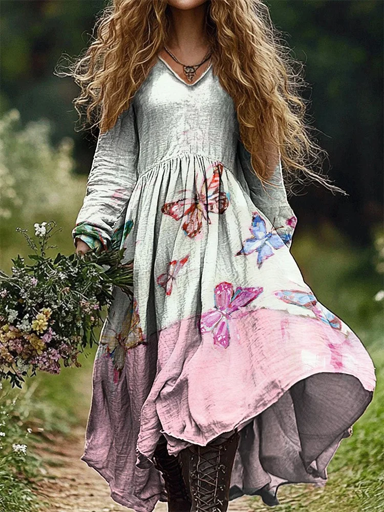Women's Butterfly Colorblock Art Print Pocket Cotton Dress