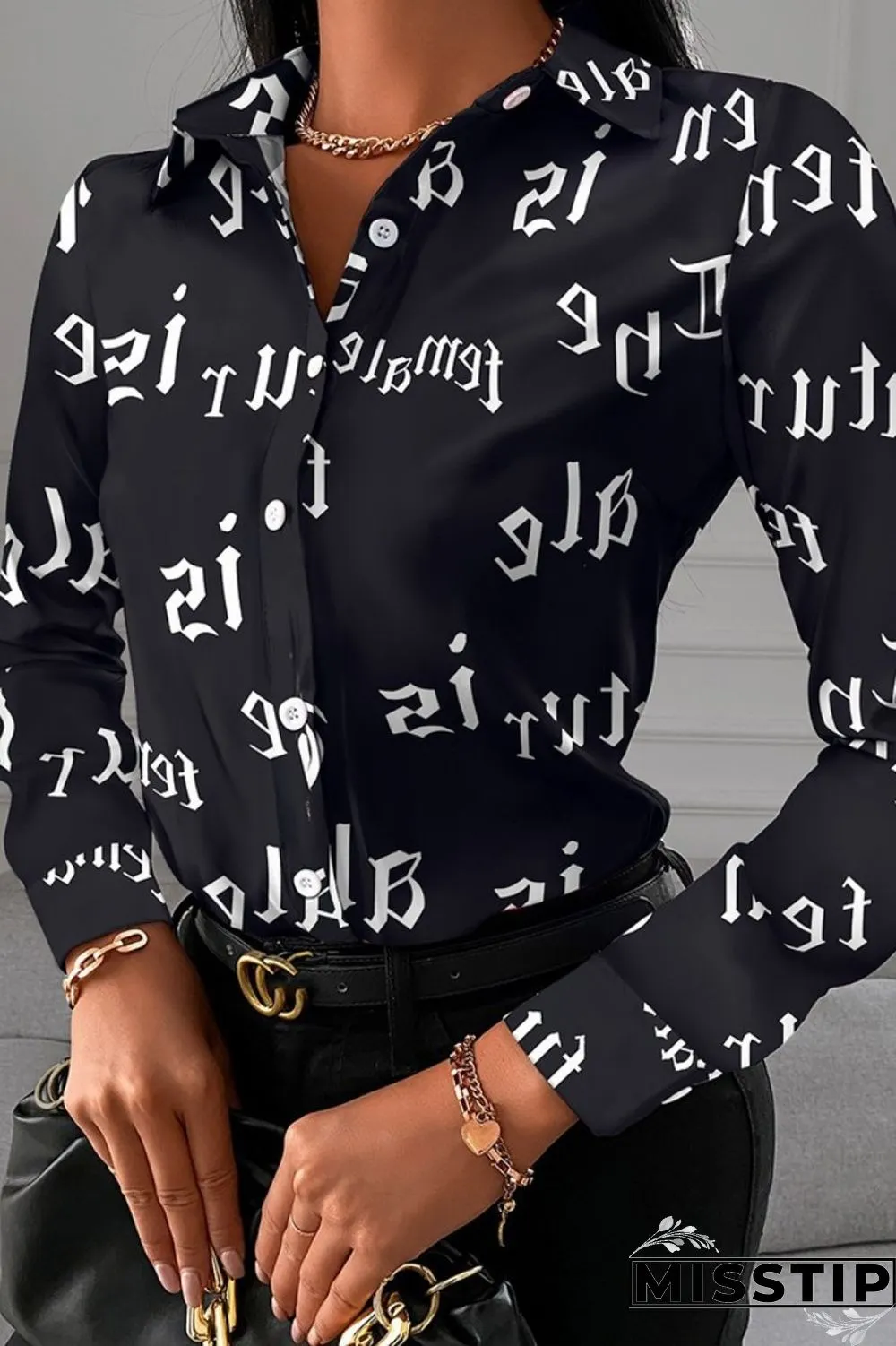 Black Red Casual Print Patchwork Shirt Collar Tops