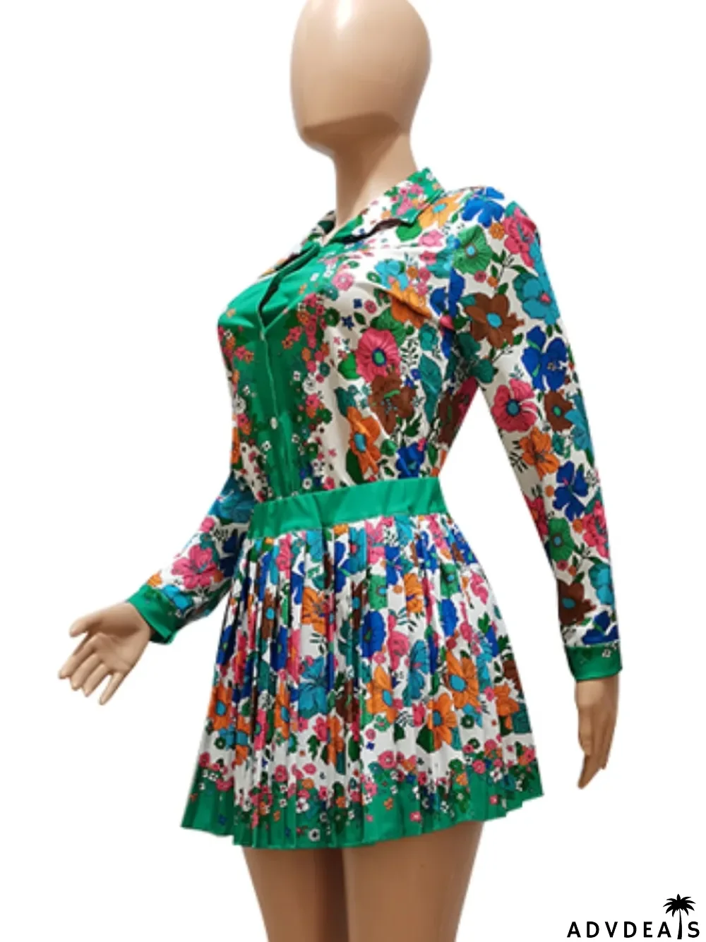 Autumn Print Retro Long Sleeve Blouse and Pleated Skirt Set