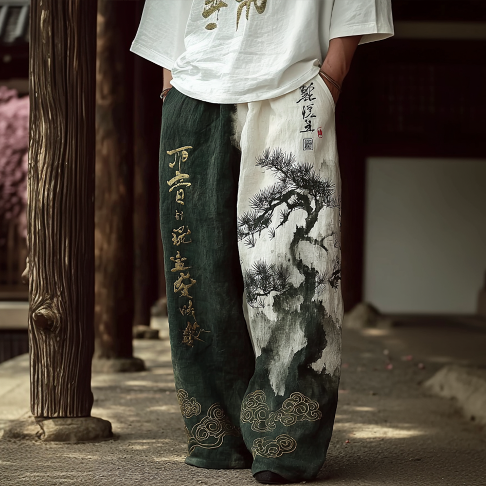 Japanese Art Retro Ink Painting Pattern Design Men's Casual Linen Long Pants elevenforest