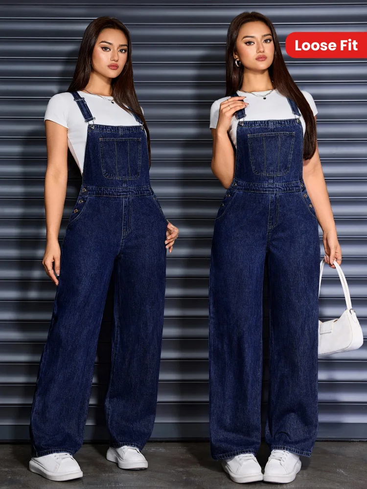 Women's Loose Fit Denim Overalls - Wide Leg Baggy Jeans Jumpsuit With Adjustable Straps, Casual Blue Blend, Comfortable Casual Attire