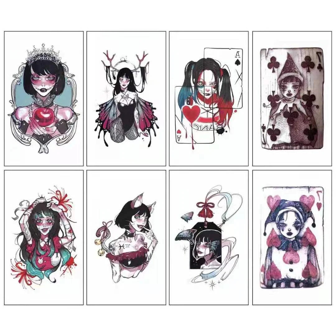 8pcs Temporary Tattoo Devil Mask Japanese Geisha Ukiyo-e Gril Body Art Water Transfer Fake Tatoo Flash Tatto Sticker Men Women