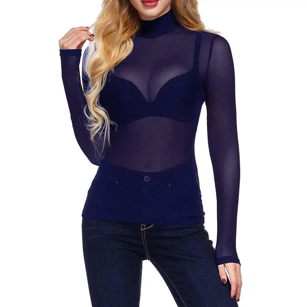 Brownm Brownm Elastic Tight Perspective Sexy Mesh Bottom Shirt Transparent Long Sleeve T-Shirt Women's Lace Shirt