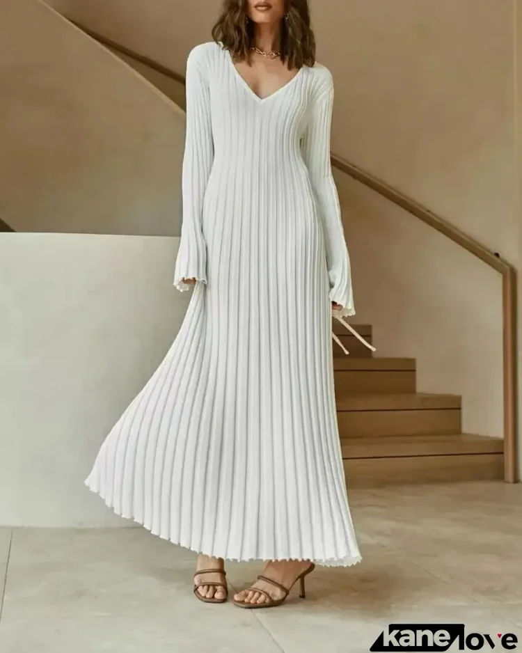 V-Neck Sleeved Knit Midi Dress