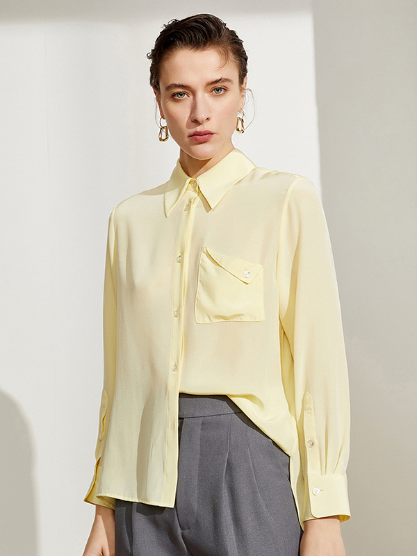 Spring Solid Yellow Silk Blouse