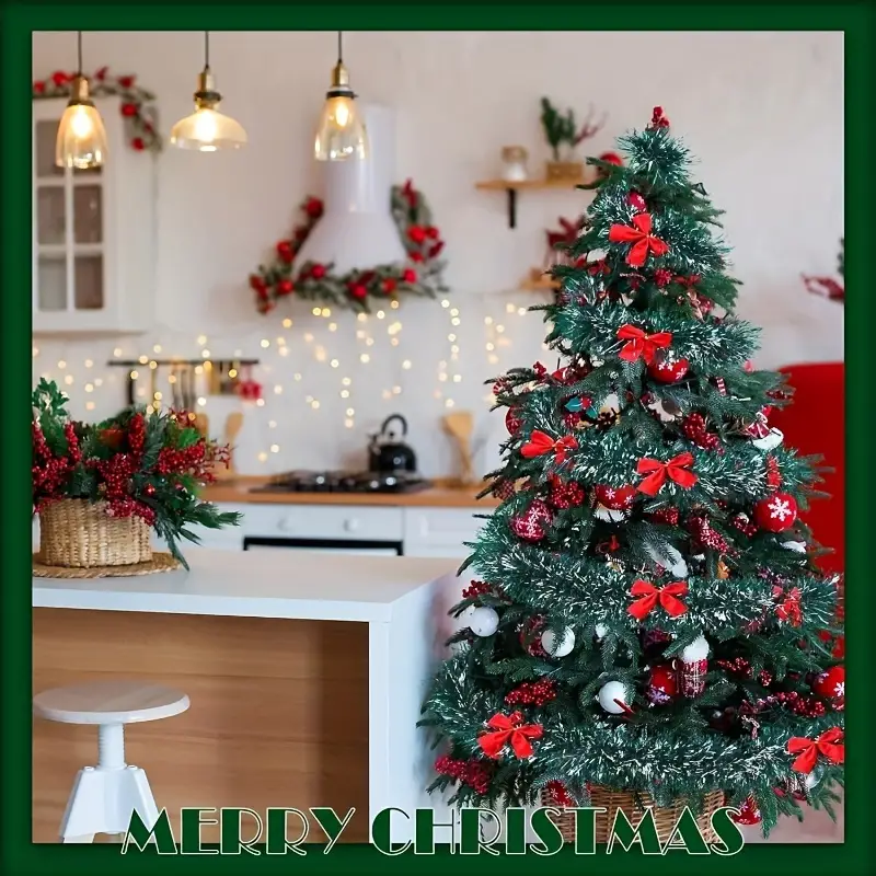 Tegooe Classic Christmas Tinsel Garland and Red Bow Set - Festive Tree Hanging Decorations