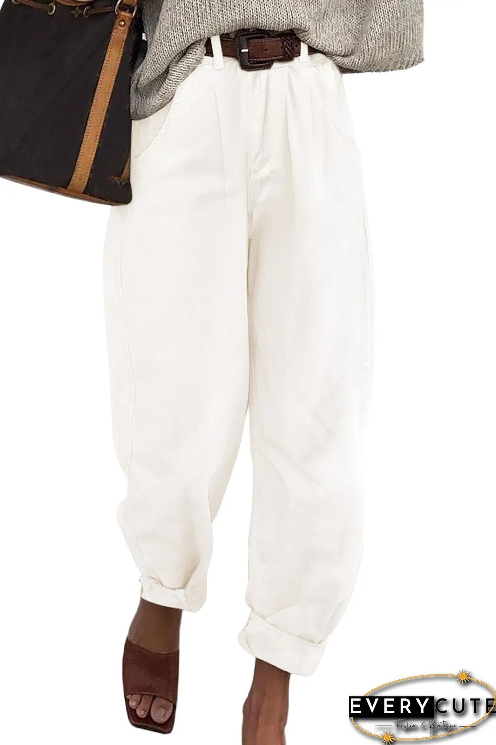 White Solid High Waist Casual Pants