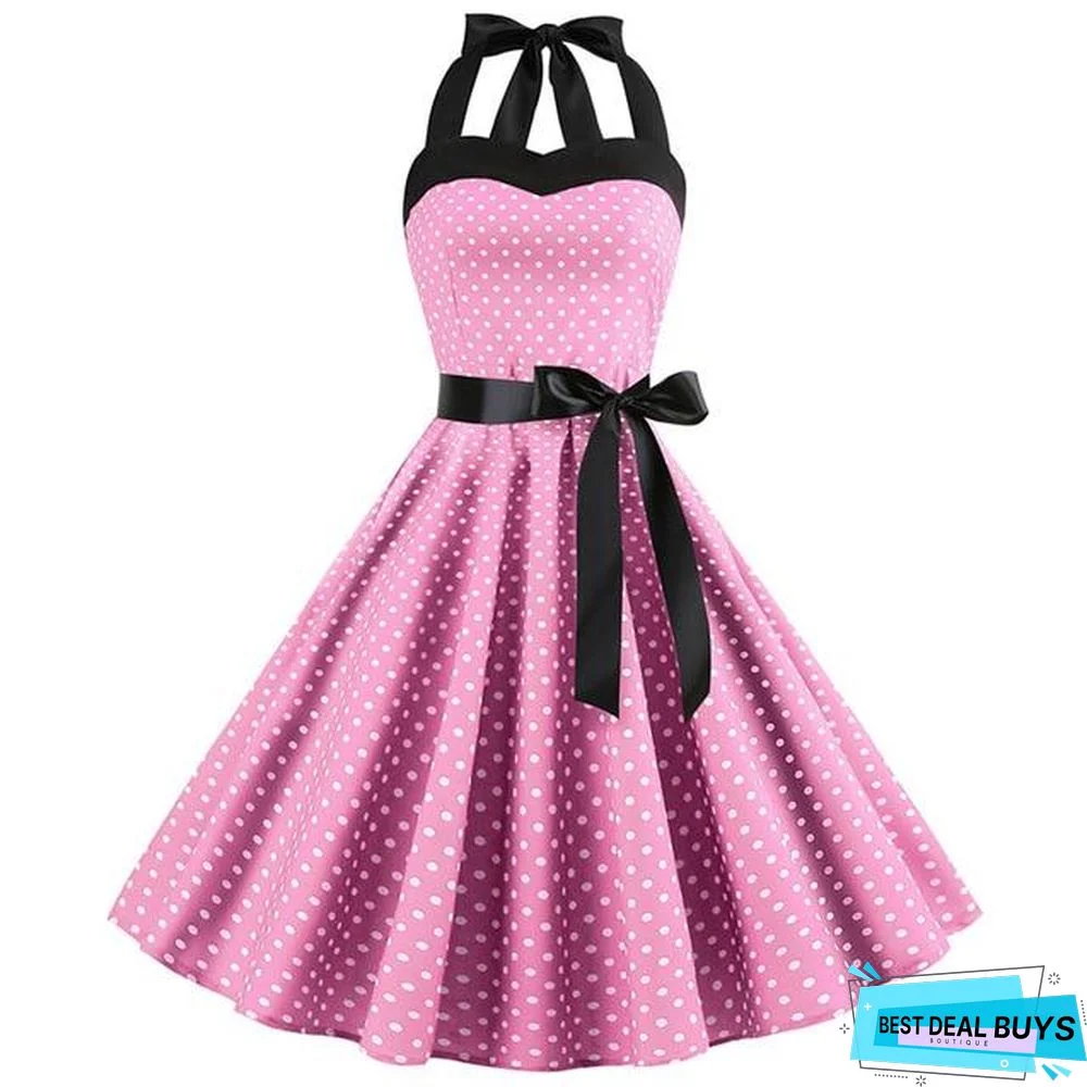 Sexy Halter Party Dress Retro Polka Dot Vintage Dresses Elegant Midi Dress