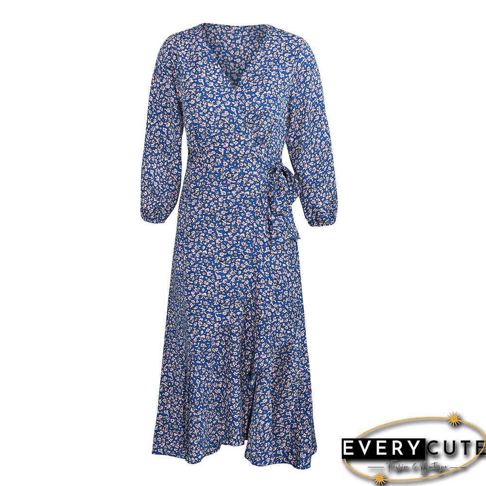 Blue Tie Waist Ruffle Swing Floral Dress