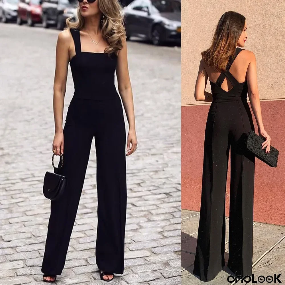 Wide Leg Pants Straight Mid Rise Low Back Black Jumpsuit
