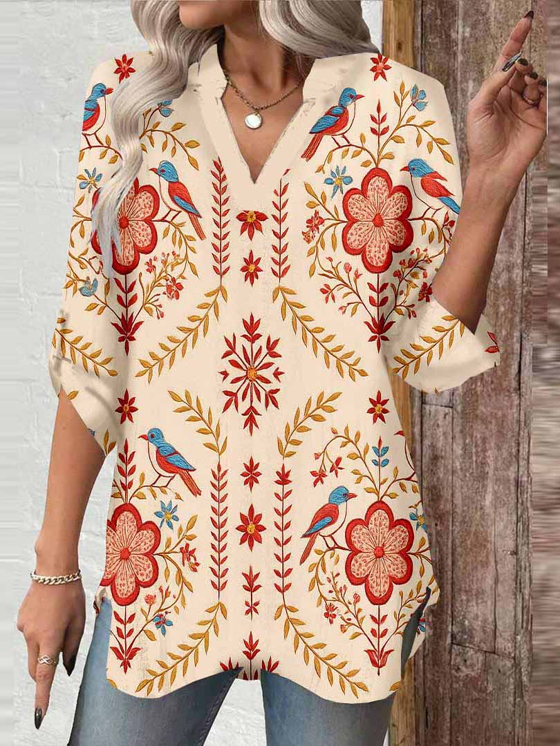 Women Bohemian, Red DZGA0099 3/4 Sleeve V-neck Printed Graphic Button Tops