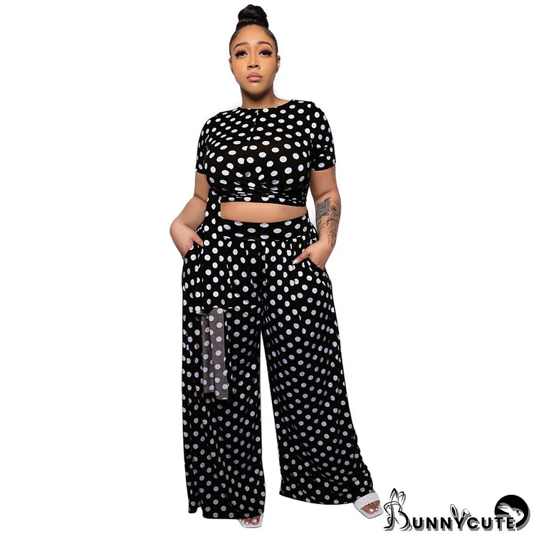 Plus Size Summer Women Fashion Polka Dot Print Short Sleeve Top And Pant Two-Piece Set