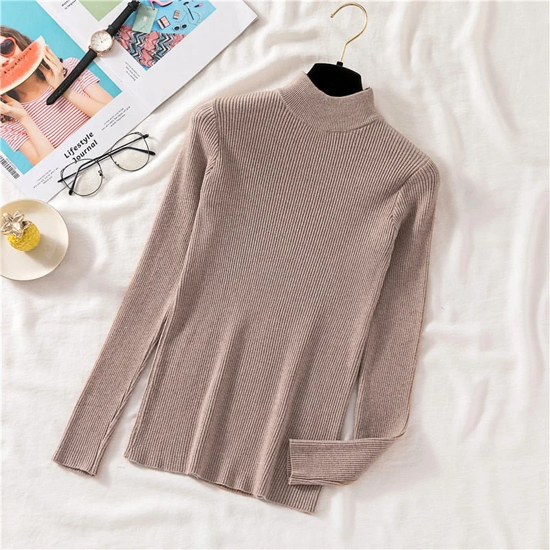 Zoki Autumn Women Pullover Sweater Half Turtleneck Long Sleeve Knitted Jumper Winter Elastic Solid Basic Ladies Blouse New 2021