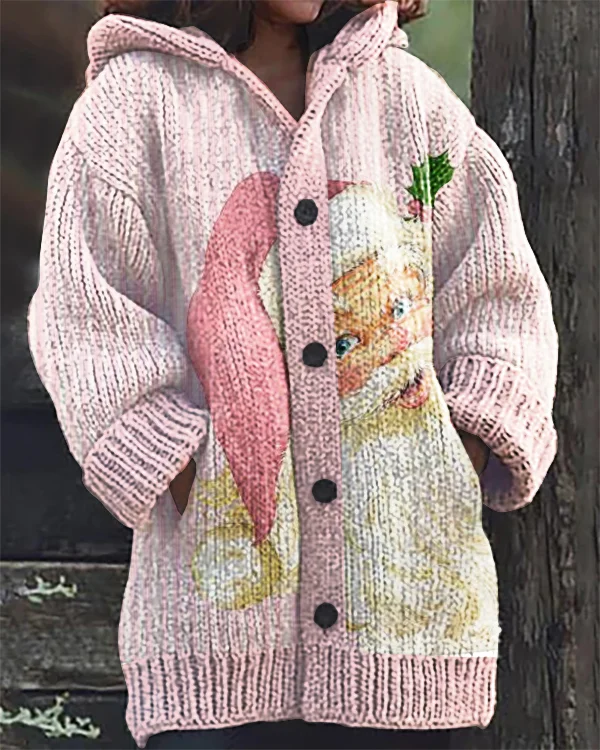 Vintage Pink Christmas Santa Print Hooded Cardigan