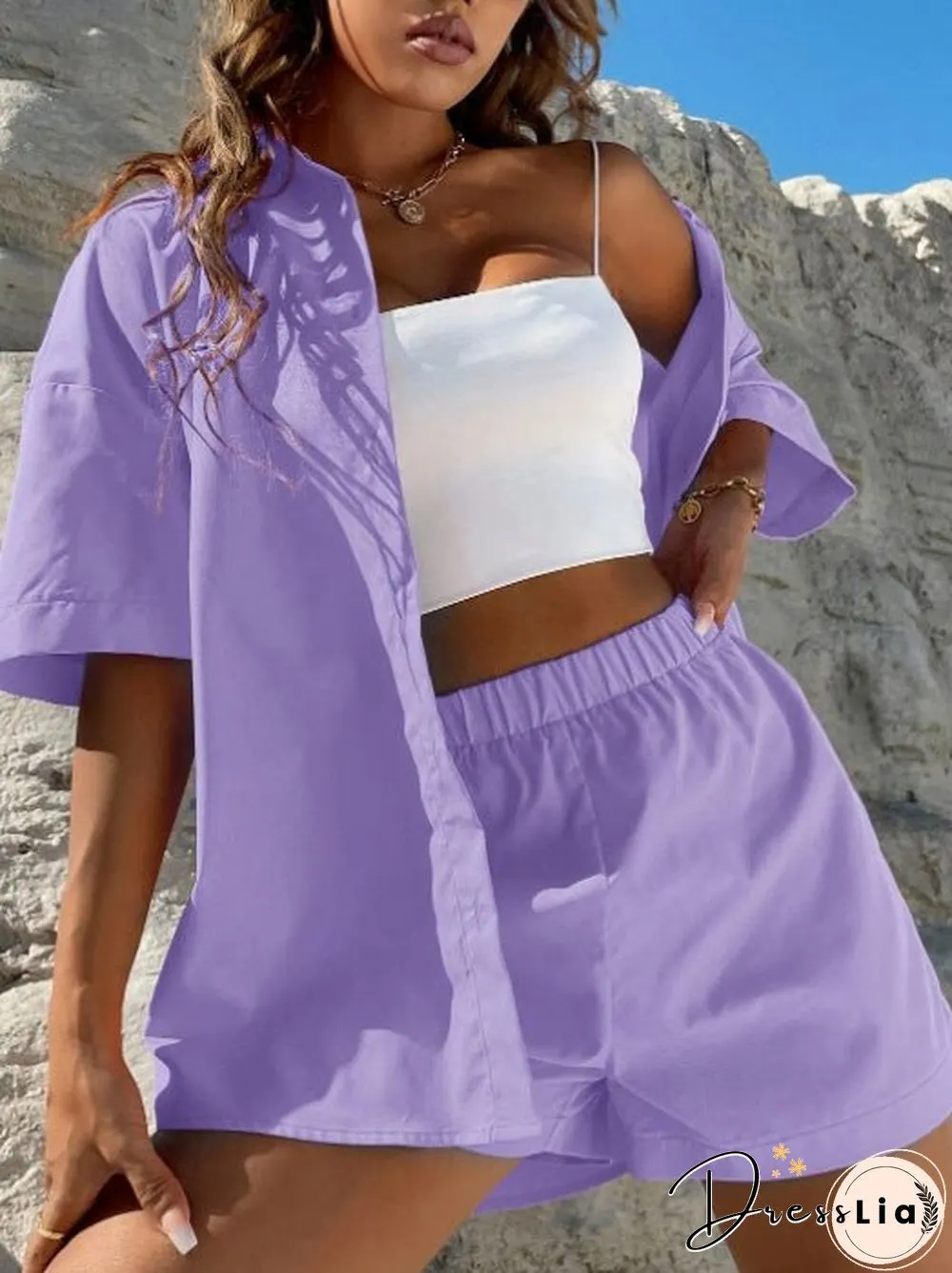 Women'S Sets Solid Dropped Shoulder Shirt & Shorts Two-Piece Set