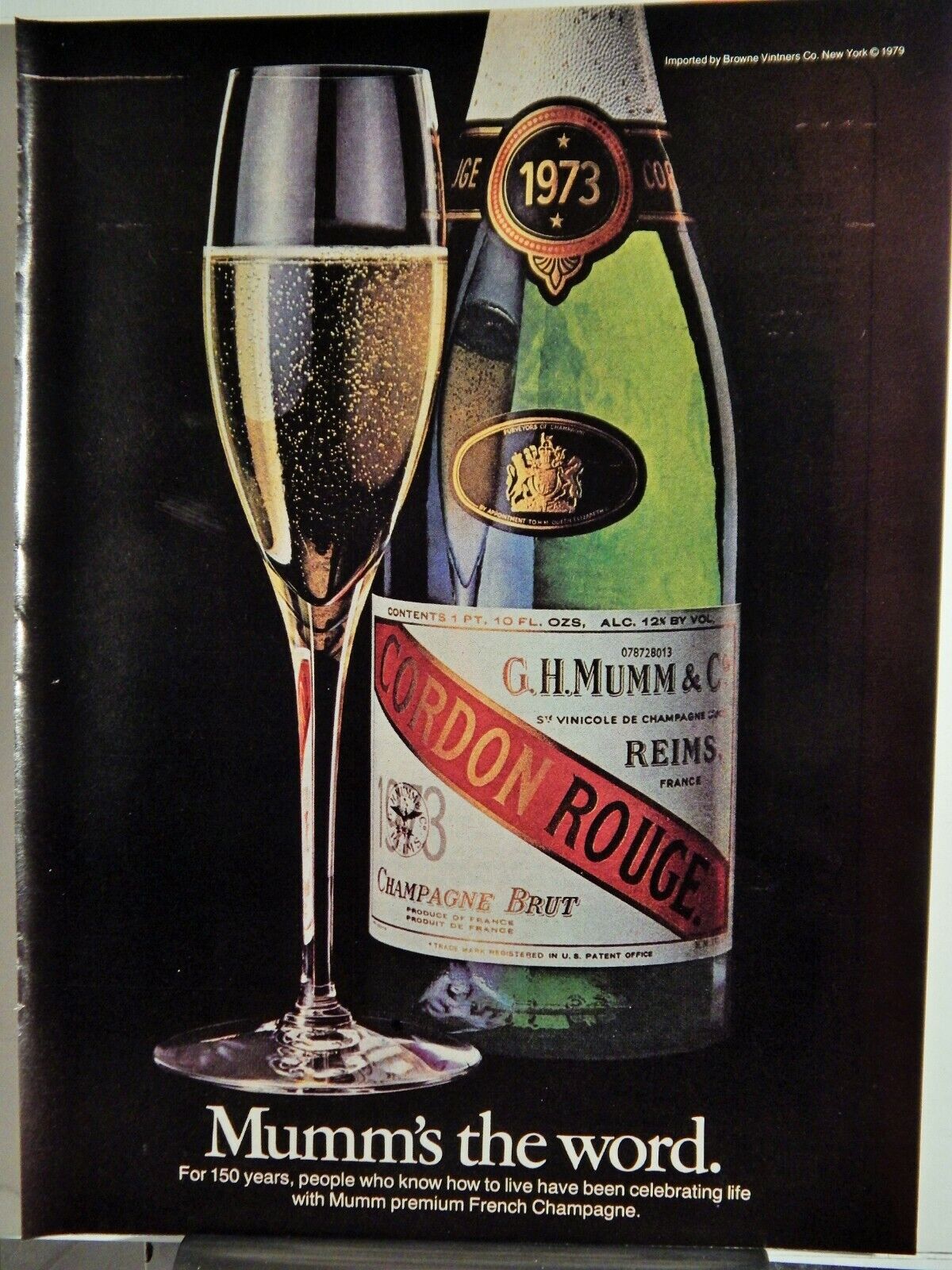 MUMM'S CORDON ROUGE CHAMPAGNE BRUT ORIGINAL VTG 1979 Photo Poster painting AD,