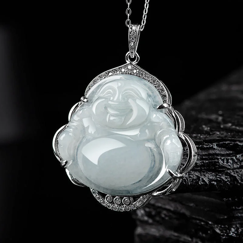 925 Sterling Silver Laughing Buddha Natural Jade Abundance Necklace Pendant