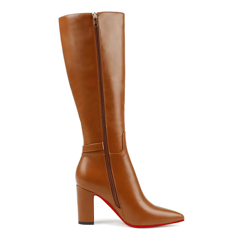 85mm/3.35 inch Women's red bottom matte high heel pointed toe buckle style casual zipper knee high boots-vocosishoes